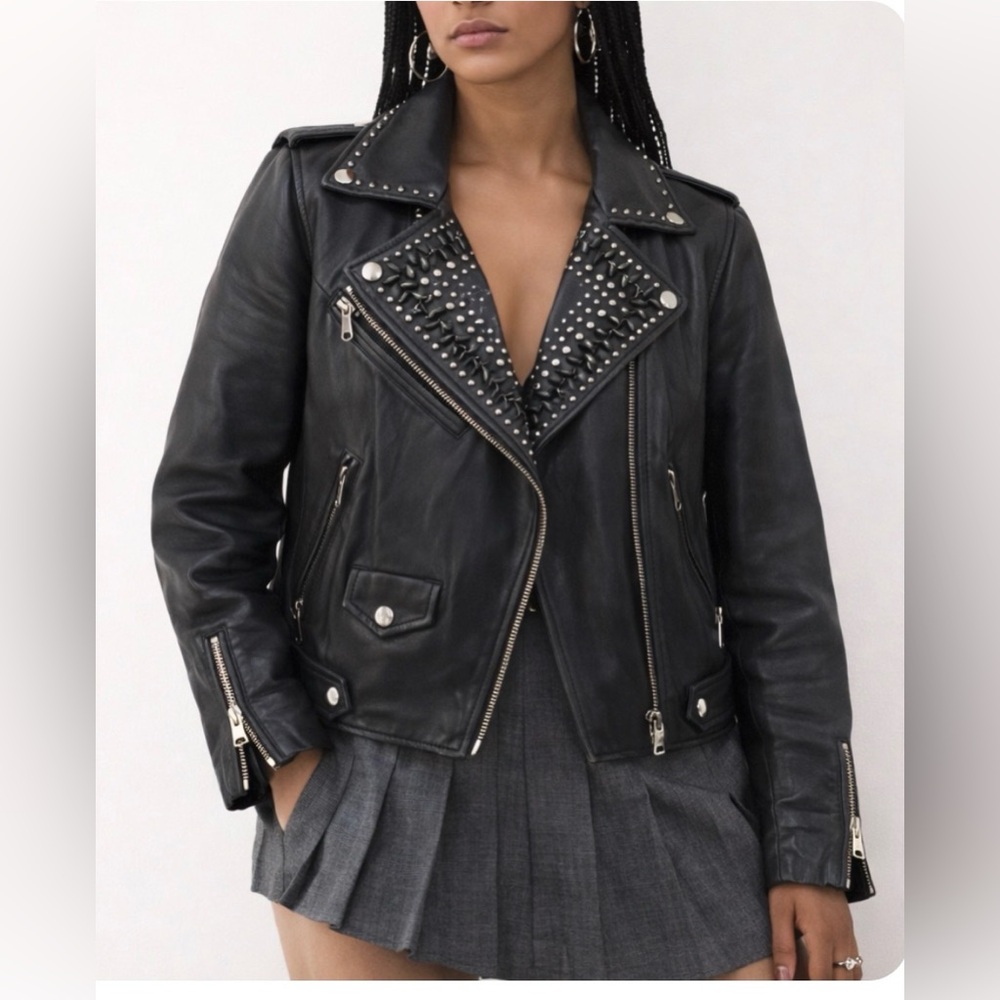 New! Rebecca Minkoff Lambskin Leather Black Pearl Grommet Motorcycle Jacket SZ L